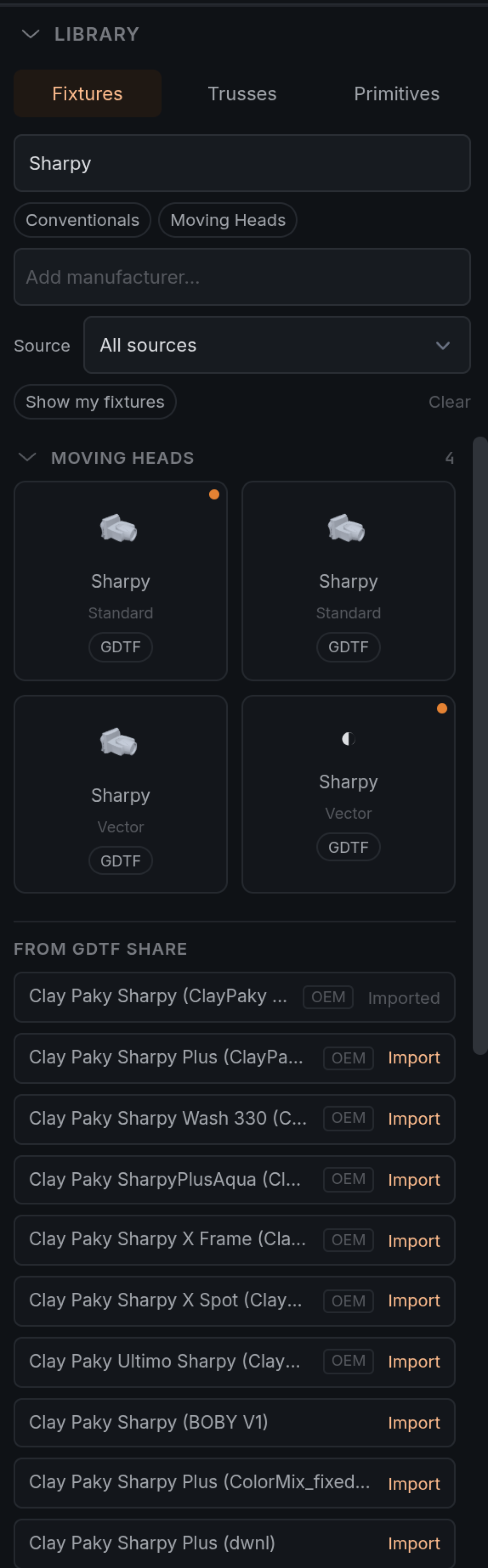 The FlexViz Library panel searched for Sharpy: four local fixture cards, then a From GDTF Share list with OEM-marked manufacturer files first, one already imported, and community uploads below.