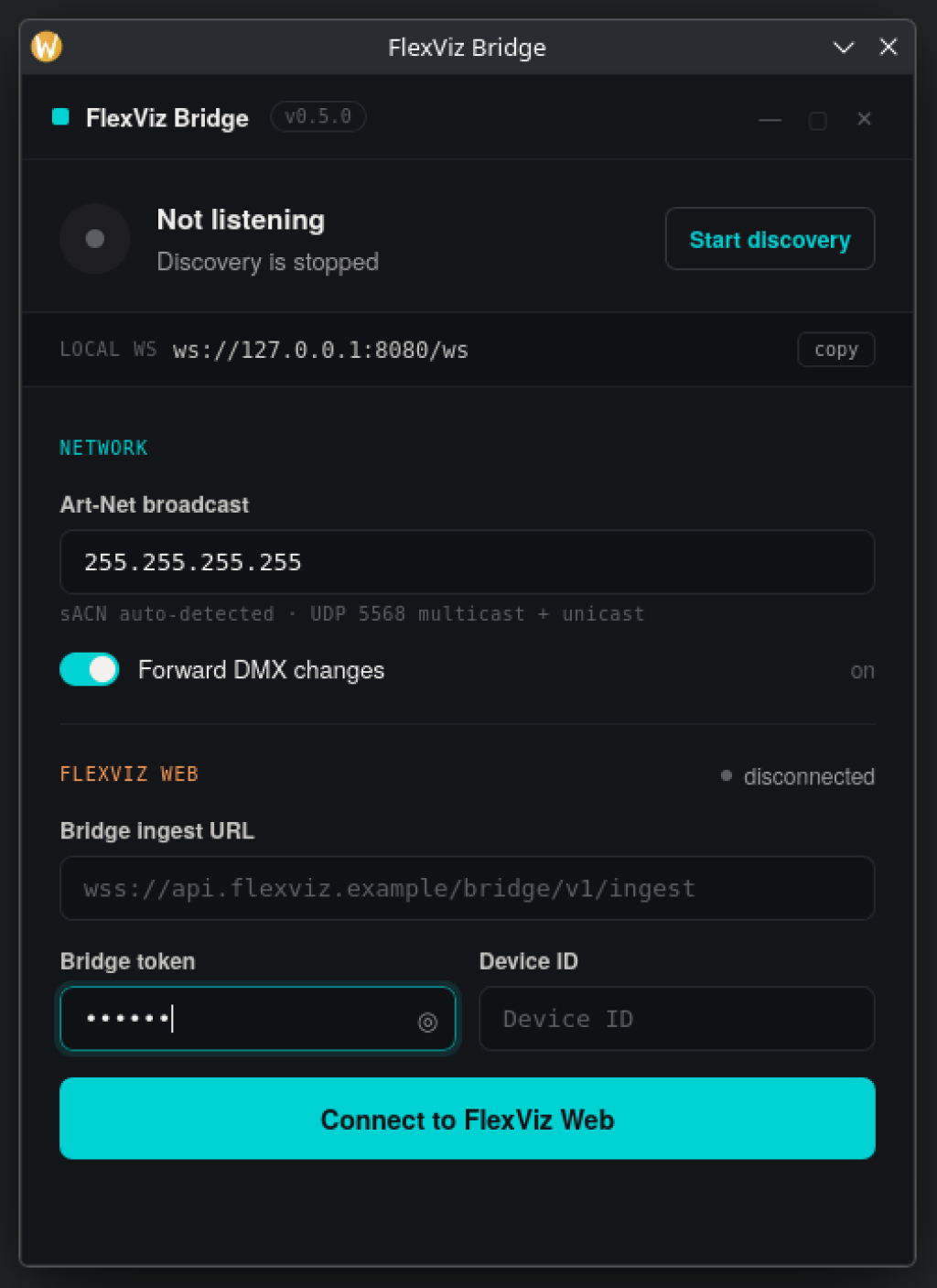The FlexViz Bridge window: Art-Net node discovery, broadcast address, a DMX forwarding toggle and the connection to FlexViz Web.