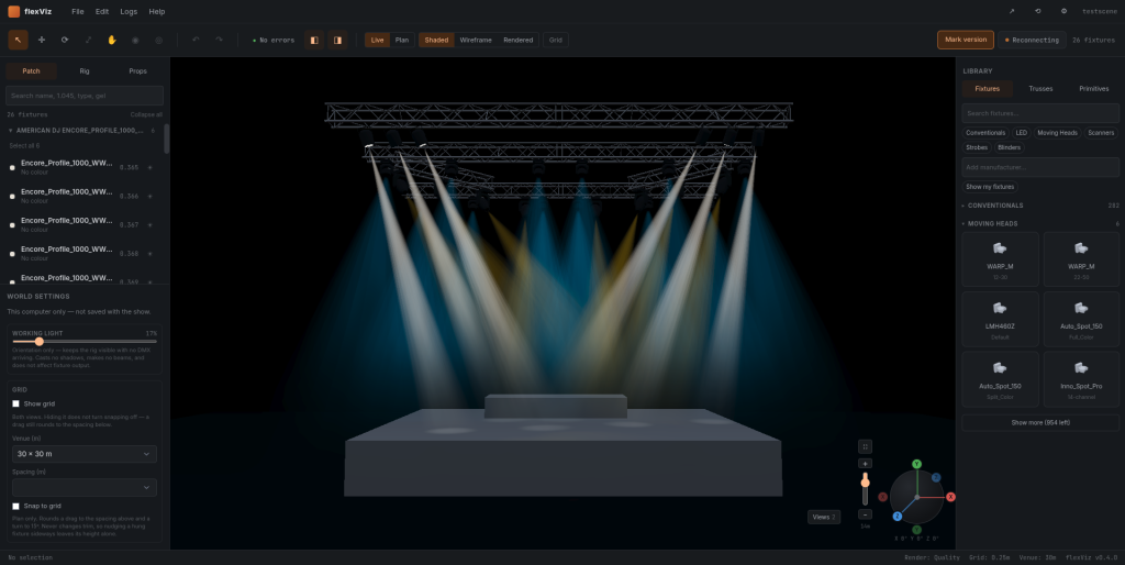 FlexViz live mode: a shaded 3D view of a lit stage, beams from overhead truss onto a riser, with the fixture patch and world settings panels either side.