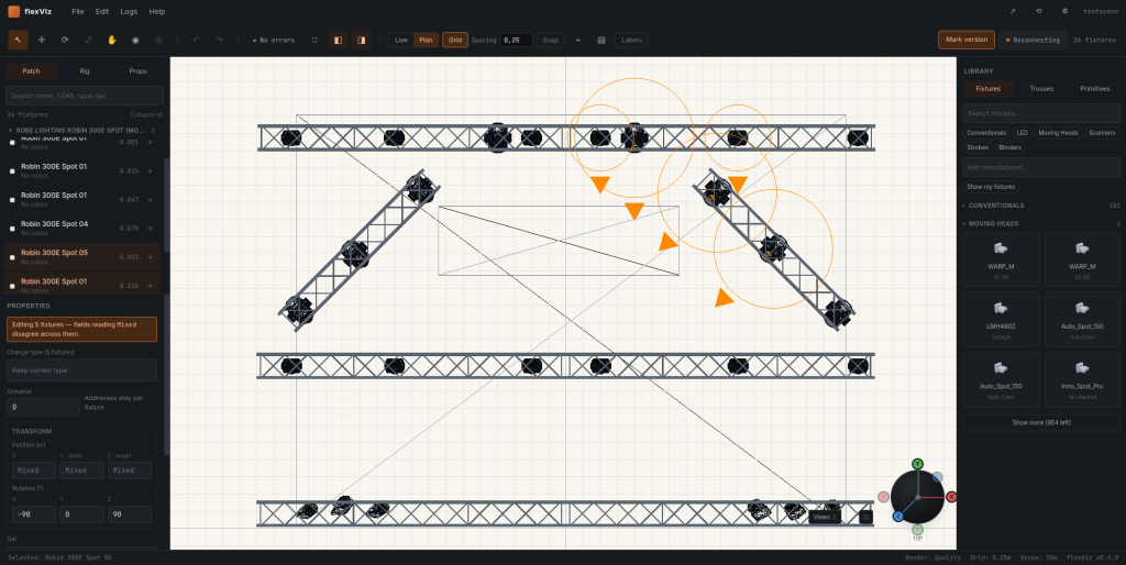 FlexViz plan mode: a top view of a rig on a metric grid showing truss, fixture symbols and beam circles, with the patch tree and fixture properties panels.
