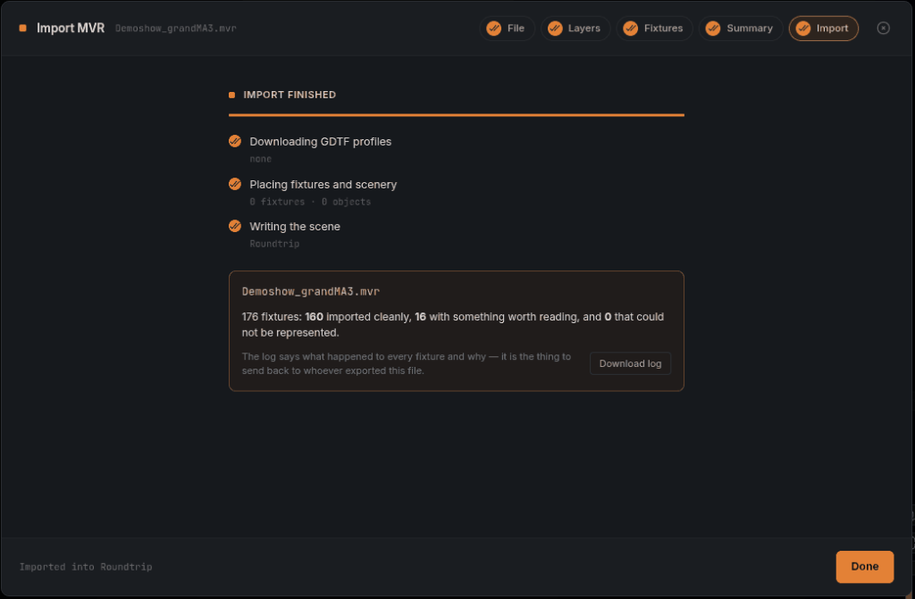 The Import step of the MVR import wizard after completion, showing the import summary and a Download log button.