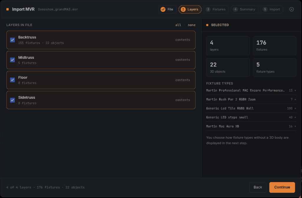 The Layers step of the MVR import wizard, listing the MVR file's layers with their fixture and object counts.